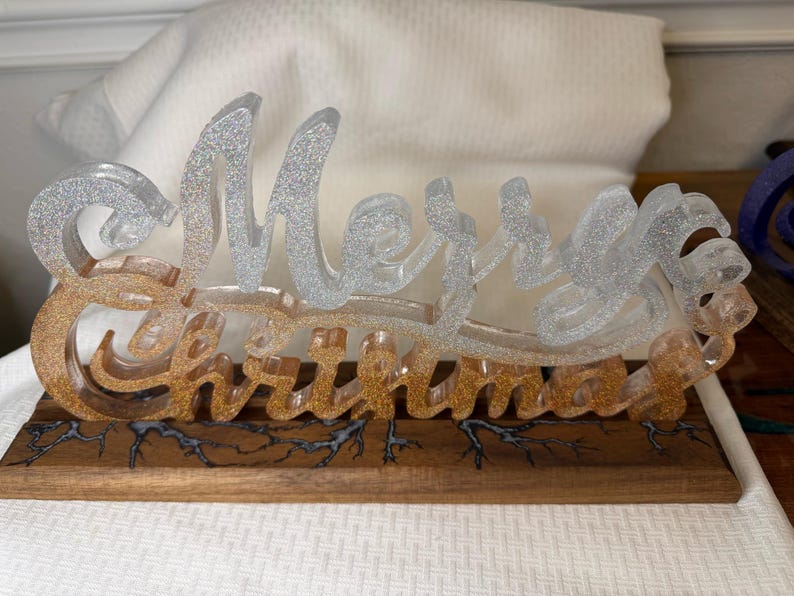 Design Letter R. Wood Resin Merry Christmas - White Ice and Gold With Epoxy Design in Wood ...