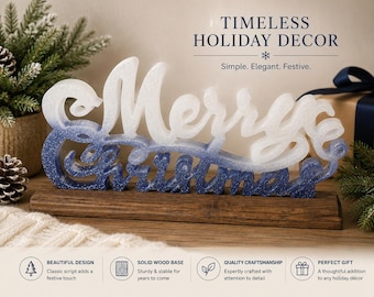 Merry Christmas Resin Holiday Sign – Frosted White & Blue Christmas Décor with Oak Base