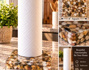 NEW ITEM!! River Stone Paper Towel Holder, 8-Inch Square Epoxy Resin Kitchen Countertop Decor