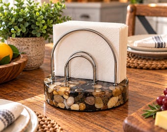 NEW PRODUCT!!  Handcrafted River Rock & Resin Napkin Holder: Natural Stones in Clear Resin, Polished Silver-Tone Metal