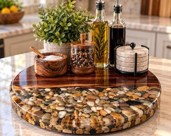 NEW ITEM!!  Handcrafted 14-Inch Walnut Lazy Susan, River Stone Epoxy Rotating Centerpiece