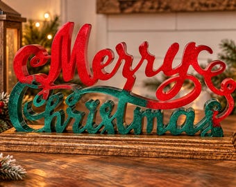 Handcrafted Resin Merry Christmas Sign, Deep Red and Malachite, Solid Oak with Rubio Monocoat