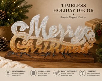 Resin Merry Christmas - White Ice and Gold with Epoxy Design in Wood Base
