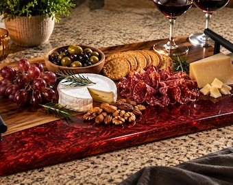 Walnut and Metallic Crimson Resin Serving Tray | Matte Black Handles, Artisan Home Décor