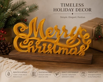 Merry Christmas Resin Holiday Sign – Handcrafted Christmas Décor with Walnut Base