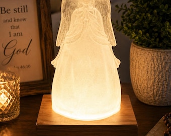 White Resin Angel Night Light | Rustic White Oak Base, Christian Memorial Keepsake
