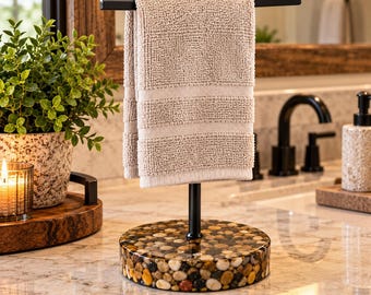 NEW PRODUCT!!!  Handmade Adjustable Hand Towel Holder with River Stone Epoxy Base, 9-Inch Diameter, Matte-Black Stand