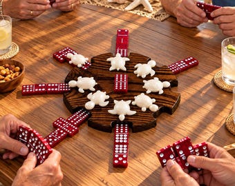 Handmade Double 12 Burgundy Resin Domino Set With Roasted Elm Hub & Turtle Player Markers