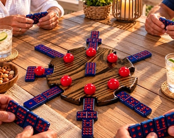 Handmade Double 12 Domino Set with Charred Elm 8-Player Hub & Markers