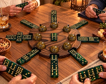 WOW!!  Double 12 Domino Set: Imperial Emerald Resin with Gold Pips, Wood Hub, and Zippered Storage Bag