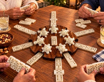 WOW!!!!  Handmade Double 12 Domino Set – Pearl White Dominoes with Metallic Gold Pips, Sweet Gum Wood Center Hub & Turtle Player Markers