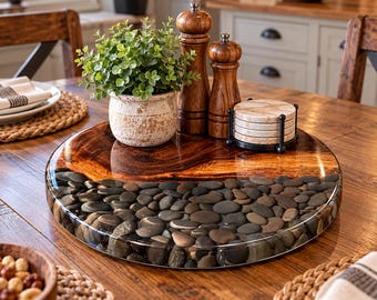 NEW ITEM!!  14" Walnut & River Rock Lazy Susan – Handmade Resin Rotating Centerpiece