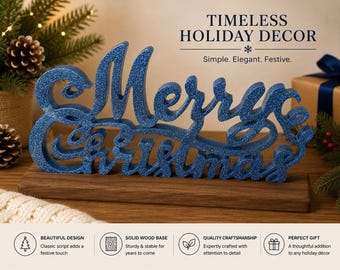 Resin Merry Christmas - Blue With Wood Base