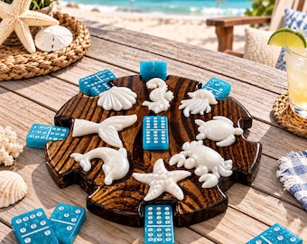 Handmade Double 12 Resin Domino Set With Roasted Elm Hub & Sea Creature Player Markers