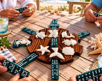 Double 12 Domino Set: Handcrafted Roasted Elm Hub with Dark Ocean Green Resin