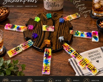 Handcrafted Color Splash Domino Set: Resin Dominoes, Elm Hub, Frog Markers (8 Players)