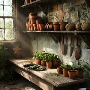 May include: A potting shed interior with a wooden workbench and shelves. Various sizes of terracotta pots are stacked on the shelves. Potted plants and gardening tools are arranged on the workbench. Sunlight streams through a window.