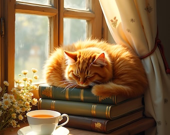 Stampa con gatto che sonnecchia sui libri, decorazione murale in stile cottagecore per angolo lettura (download digitale)