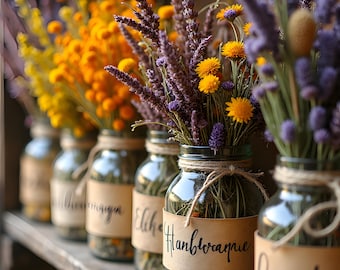 Stampa botanica in stile cottagecore / Vaso con fiori di lavanda essiccati, decorazione rustica in stile fattoria (download digitale)
