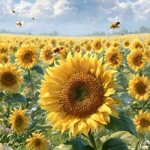 Pu&ograve; includere: Un vibrante campo di girasoli sotto un cielo azzurro brillante con soffici nuvole bianche. Diverse api volano tra i girasoli. I girasoli sono in piena fioritura, con grandi petali gialli e centri marrone scuro. Sono visibili anche margherite e altri fiori selvatici.