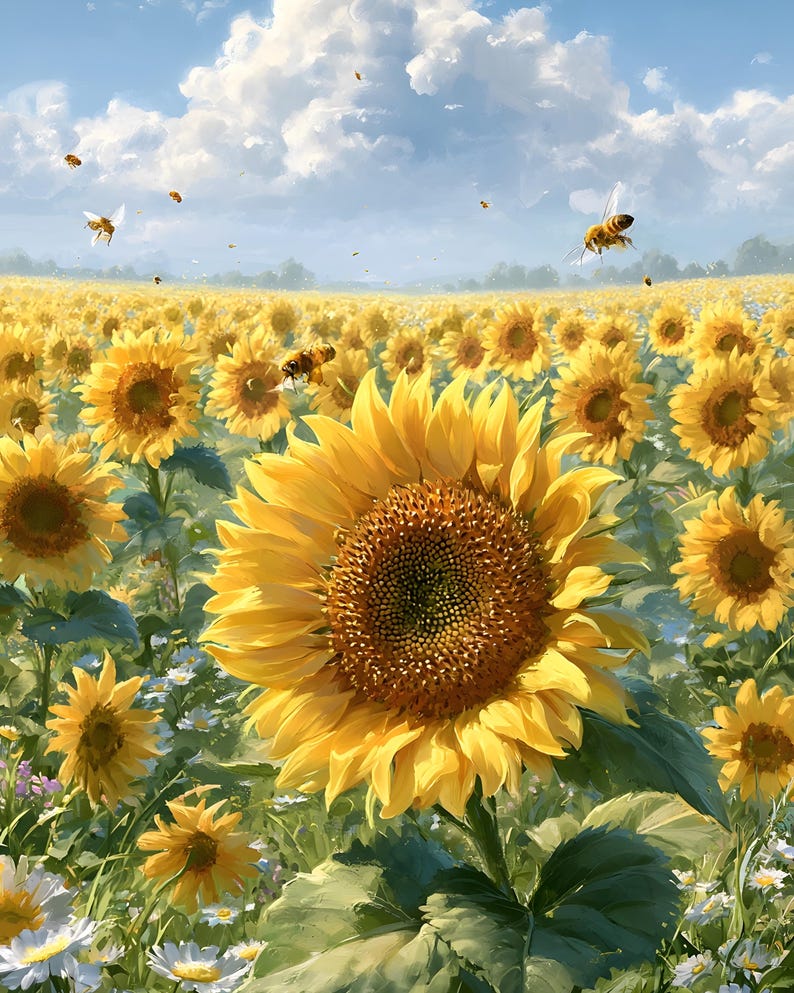 Pu&ograve; includere: Un vibrante campo di girasoli sotto un cielo azzurro brillante con soffici nuvole bianche. Diverse api volano tra i girasoli. I girasoli sono in piena fioritura, con grandi petali gialli e centri marrone scuro. Sono visibili anche margherite e altri fiori selvatici.