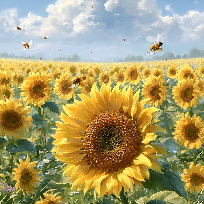 Pu&ograve; includere: Un vibrante campo di girasoli sotto un cielo blu brillante con soffici nuvole bianche. Diverse api volano tra i girasoli, che sono in piena fioritura. L'immagine evoca un senso di calore e bellezza naturale.