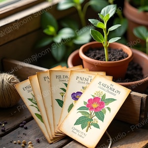 Vintage fröpakettryck, viktoriansk trädgårds-ephemerakonst, Cottagecore botaniska samling, digital nedladdning av trädgårdsskötsel