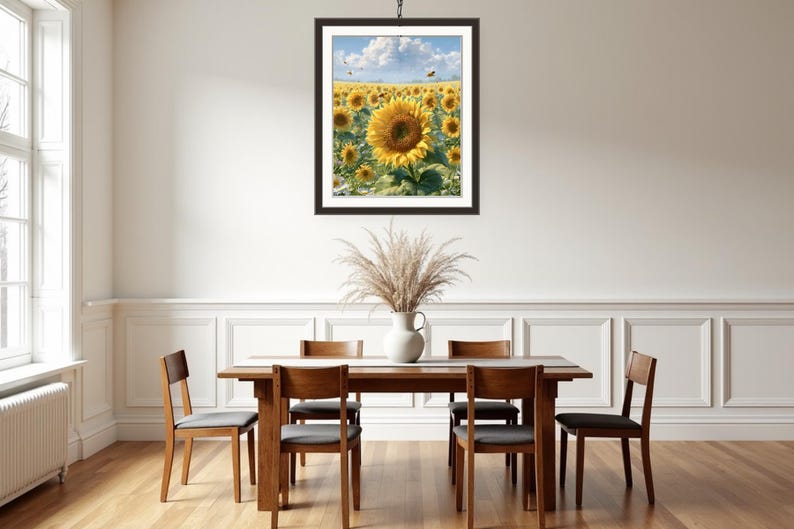 Pu&ograve; includere: Una stampa incorniciata di un campo di girasoli sotto un cielo blu con nuvole bianche. L'opera d'arte &egrave; appesa sopra un tavolo da pranzo in legno e sedie. Un vaso di fiori secchi &egrave; sul tavolo.