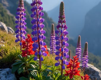 Stampa di montagna con fiori selvatici / Paesaggio naturale con lupini in stile cottagecore, download digitale per decorazione murale