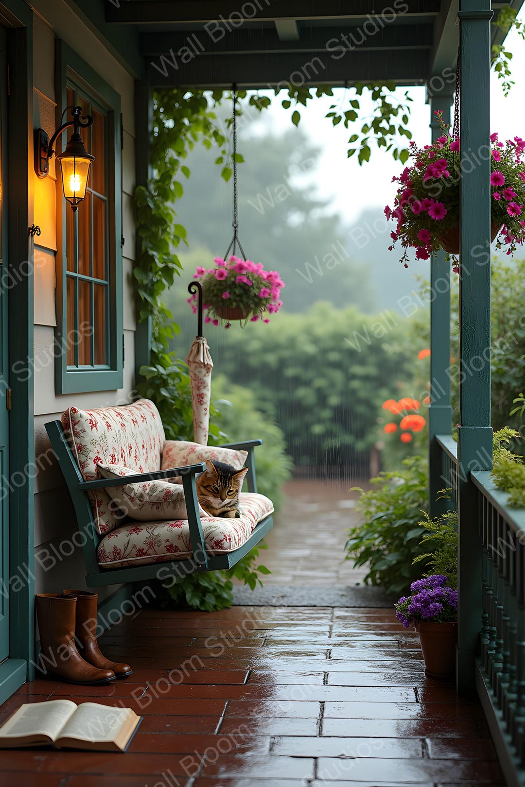 Cozy Rainy Day Cottage Porch Print, Sleeping Cat, Atmospheric ...