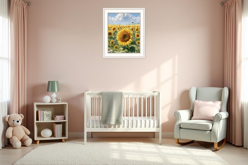 Pu&ograve; includere: Una stampa incorniciata di un campo di girasoli &egrave; appesa sopra una culla bianca in una cameretta. La stanza ha una parete rosa chiaro, un tappeto bianco, una poltrona verde chiaro e una piccola libreria. Un orsacchiotto &egrave; sul pavimento.