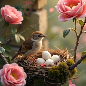 May include: A brown bird perched near a nest with white eggs, nestled among branches and pink roses. The scene is set outdoors with a soft, blurred background, creating a natural and serene ambiance.