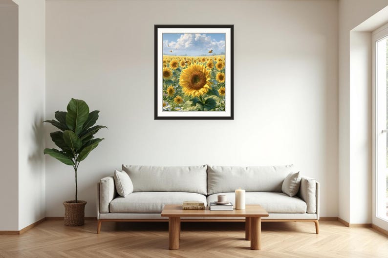 Pu&ograve; includere: Una stampa incorniciata di un campo di girasoli sotto un cielo blu con nuvole bianche. I girasoli hanno petali gialli e centri marrone scuro. La stampa &egrave; esposta sopra un divano grigio in un soggiorno.