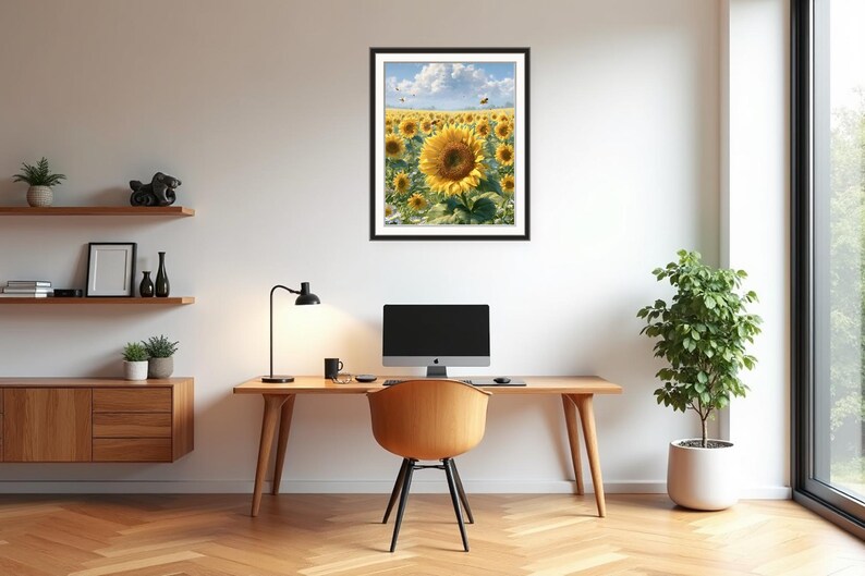 Pu&ograve; includere: Una stampa incorniciata di un campo di girasoli &egrave; appesa a una parete bianca sopra una scrivania in legno. La scrivania ha un monitor per computer, una lampada da scrivania nera e una sedia marrone. Una pianta in vaso si trova a destra della scrivania. Mensole in legno e un mobile in legno sono a sinistra.
