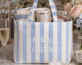 Personalized Embroidered Mrs Striped Tote Bag, Custom Bridal Tote, Canvas Wedding Bag, Bachelorette Party Favors