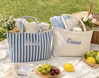 Custom Embroidered Name Striped Tote Bag, Travel Beach Tote Bag, Personalized Bridesmaid Gift, Bridal Shower Gift, School Shoulder Tote