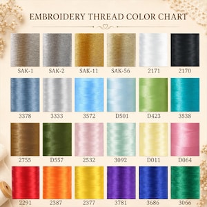 May include: An embroidery thread color chart featuring twenty-four rectangular swatches of various thread colors arranged in a grid. Each swatch is labeled with a specific alphanumeric code, including SAK-1, 2170, 3572, and 3066, under the title EMBROIDERY THREAD COLOR CHART.