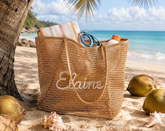 Personalized Beach Tote Bag, Nylon Mesh Bridesmaid Bag, Girls Trip Bachelorette Gift Bag, Beach Travel Bag