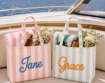 Custom Tote Bag, Personalized Striped Beach Bag, Bridesmaid Gifts, Bachelorette Favor, Gift For Her