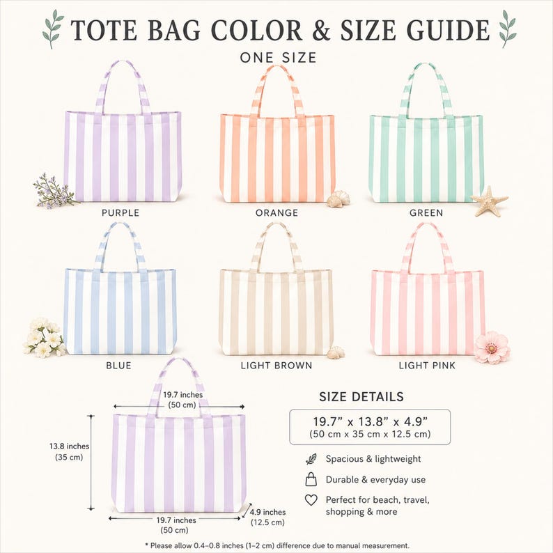 May include: A color and size guide for striped tote bags featuring seven variations in purple, orange, green, blue, light brown, and light pink. The bags measure 19.7 inches by 13.8 inches by 4.9 inches. Text includes TOTE BAG COLOR & SIZE GUIDE.