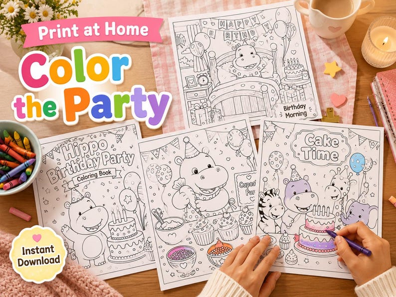 Hippo Birthday Party Coloring Pages, Printable Birthday Activity PDF ...