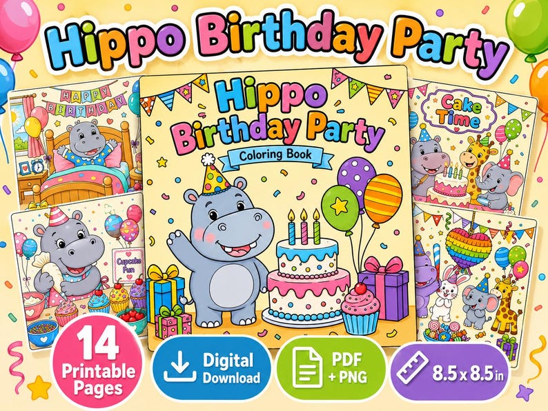 Hippo Birthday Party Coloring Pages, Printable Birthday Activity PDF ...
