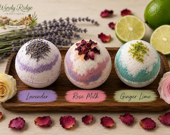 XL Luxury Bath Bombs | Rose Milk, Ginger Lime & Lavender | Handmade Fizzy Bath Bombs | Moisturizing Spa Gift | Natural Bath Soak | 7-8 oz