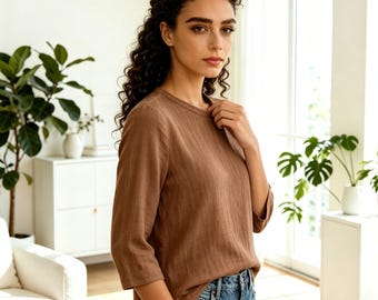 Blusa de mujer 100% lino puro, manga tres cuartos, abotonada, transpirable, informal, de verano, ligera, holgada, para uso diario.