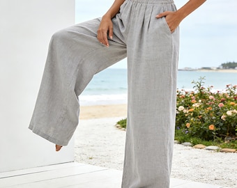 100% Reines Leinen Frauen Breites Bein Hose Elastische Taille Lose Cropped Hose Sommer Casual Strand Palazzo Hose Atmungsaktiv Leicht