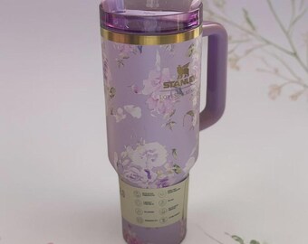 Stanley x LoveShackFancy Purple Floral Quencher Tumbler 40oz | Insulated Travel Mug with Handle & Straw | Cute Lavender Flower Cup Gift