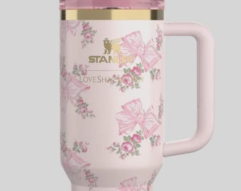 Pink Floral 40oz Insulated Tumbler with Handle | Travel Mug Gift Set