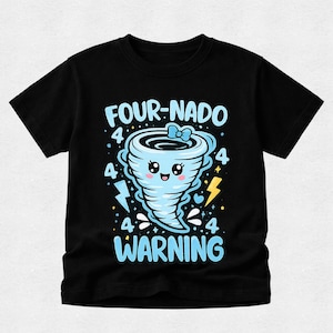 May include: A black short-sleeved t-shirt featuring a light blue cartoon tornado with a bow, surrounded by the text FOUR-NADO WARNING and the number 4, along with small lightning bolts, stars, and dots in a graphic illustration style.