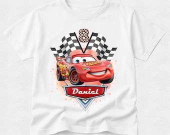 Camiseta de cumpleaños de Cars: Camisetas de celebración de Lightning McQueen de Disney Cars para el equipo de boxes. Para adultos y niños. Estampado personalizado.