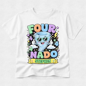 May include: A white t-shirt featuring a colourful graphic of a cartoon tornado wearing sunglasses and giving a thumbs up. The text reads FOUR NADO with the name STEPHEN on a yellow banner at the bottom, surrounded by stars, clouds, and the number 4.
